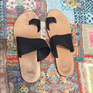 Beek Black and Tan Leather Sandals with Bow Detail